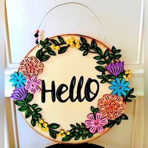 Hand Crafted Spring Time Wooden Door hanger badge Hello Welcome Sign
